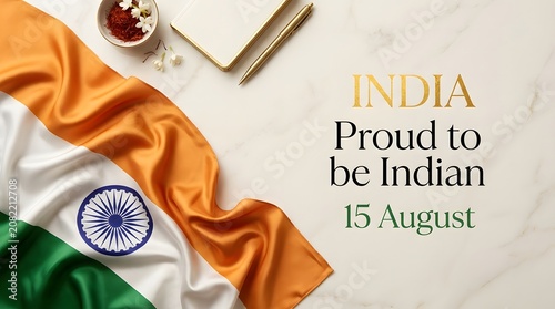 Indian independence day composition with flag flowers and stationery