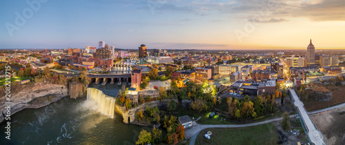 Rochester, New York, USA cityscape on the Genesee River and High Falls
