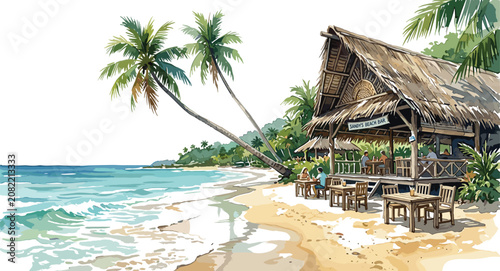 Tropical Beach Landscape with Wooden Hut, Palm Trees, and Ocean Waves Realistic Watercolor Style Vector Illustration for Travel and Resort Designs