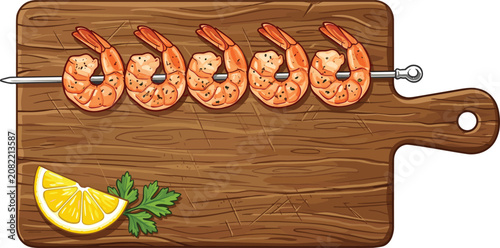 Grilled Shrimp Skewer Vector Illustration on Wooden Cutting Board with Lemon and Parsley Garnish for Seafood Menu Designs