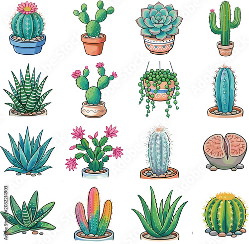 Cactus and Succulent Plant Collection Vector Set with Colorful Potted Cacti, Aloe, Flowering Succulents, and Hanging Plants Illustration