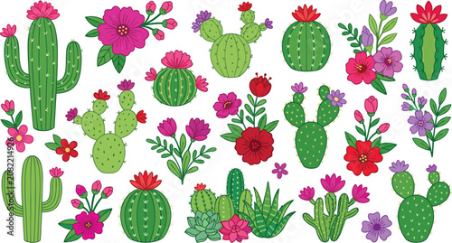 Cactus and Flower Vector Collection with Green Cacti, Pink Blossoms, Succulents, and Botanical Elements for Pattern and Print Design