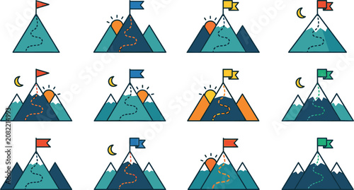 Business Team Climbing Mountain to Success with Growth Arrow and Red Flag Leadership Concept Vector Illustration Design