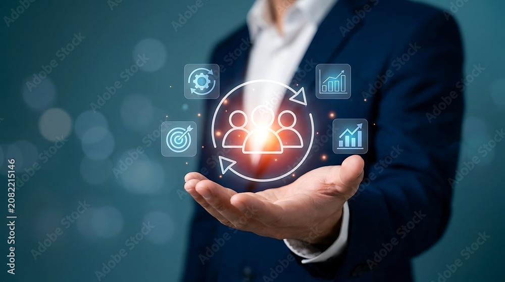 Fototapeta premium Businessman hand presenting glowing human resource management symbol with business network icons resources management business