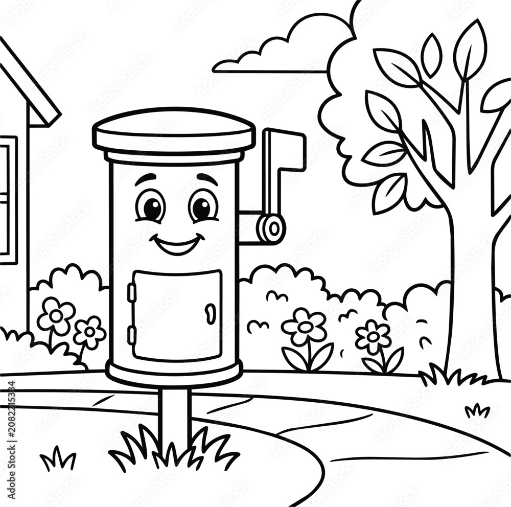 Naklejka premium Smiling mailbox in a suburban garden line art illustration black and white