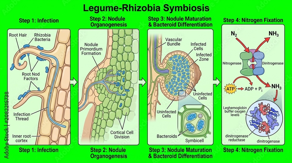 Obraz premium Educational Diagram Showing Legume Rhizobia Symbiosis and Nitrogen Fixation Process