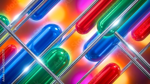 Abstract composition of colorful metallic cylinders arranged in a diagonal grid pattern with glowing light effects, abstract