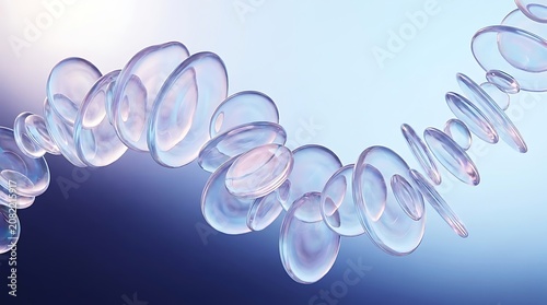 Abstract 3D illustration of a floating wavy structure made of transparent circular discs on a gradient blue background