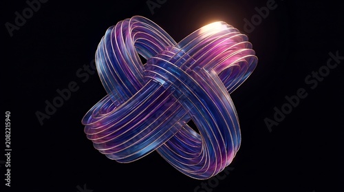 Abstract glowing knot shape made of shimmering interconnected digital light particles against a black background with abstract