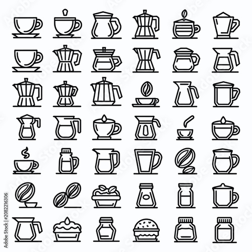 Coffee and Tea Outline Icon Set – Cafe Drinks, Cups, Kettle and Moka Pot