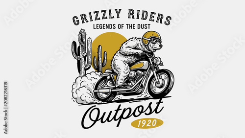 Fotografia Vintage grizzly bear motorcycle rider in desert cactus landscape with retro typo