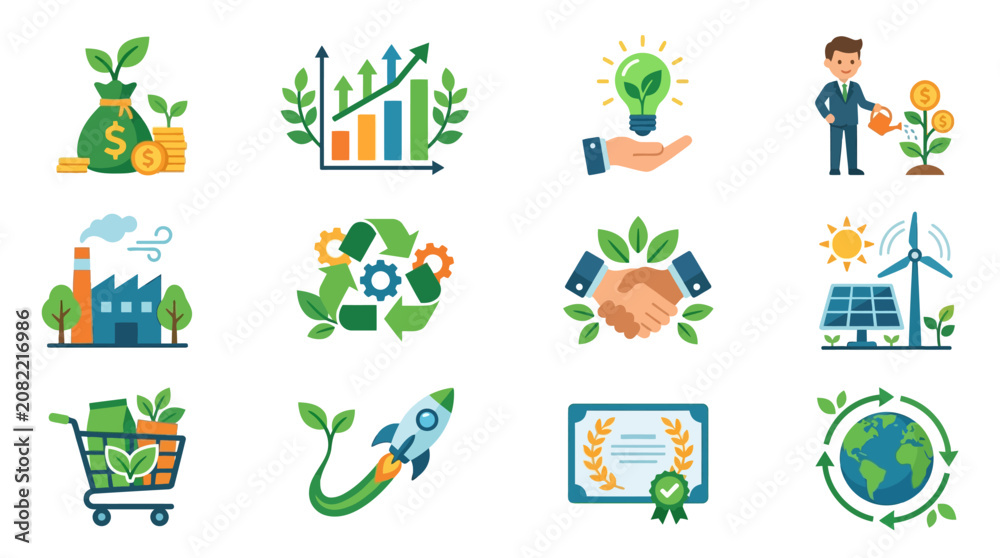 Fototapeta premium Professional Illustrated Icons Set Showcasing Sustainable Business Growth Green Investments and Eco Friendly Innovations