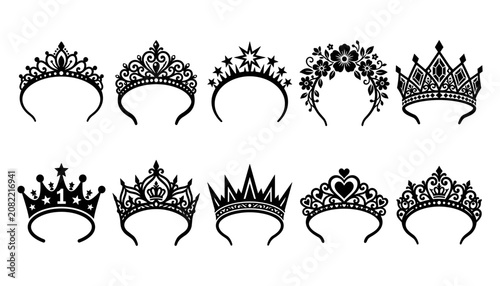 Photography Crowns with Intricate Designs and Floral Elements in a Black and White Illustrat