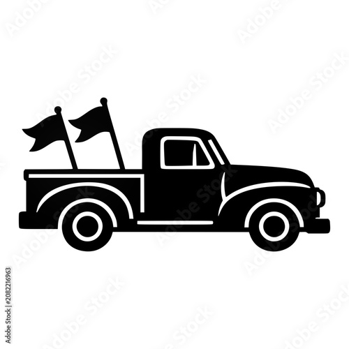 Vintage Pickup Truck with Patriotic Flags Side View Isolated Illustration