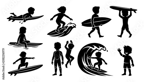 Bild auf Leinwand Surfboard Icon Silhouettes Set with Athletes Paddling, Riding Waves, Running, an