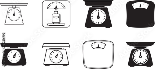 Kitchen scale weight icon set with simple black outline and silhouette pictograms in editable vector EPS.