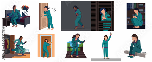 Konstfotografi Collection of illustrations showing a woman experiencing fear, anxiety, and stal