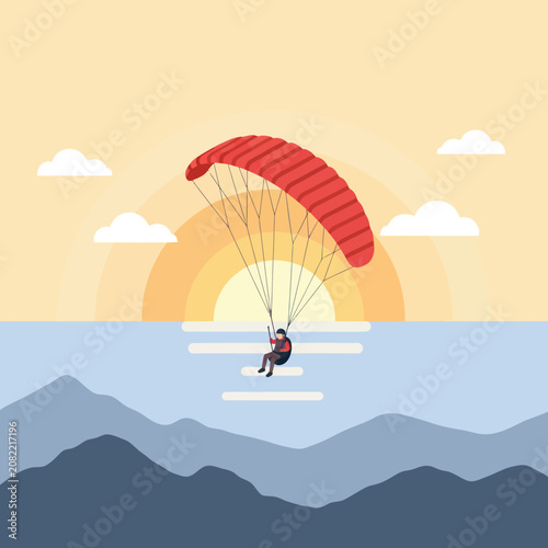 Slika na platnu Paragliding adventure at sunrise over mountains.