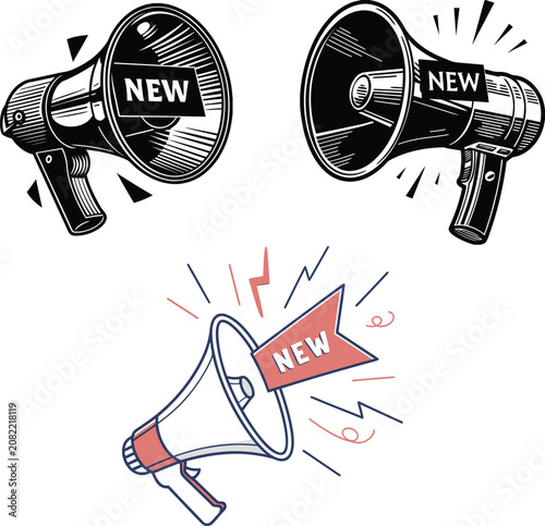 Set of three hand-drawn vector illustrations of retro bullhorns with new banner