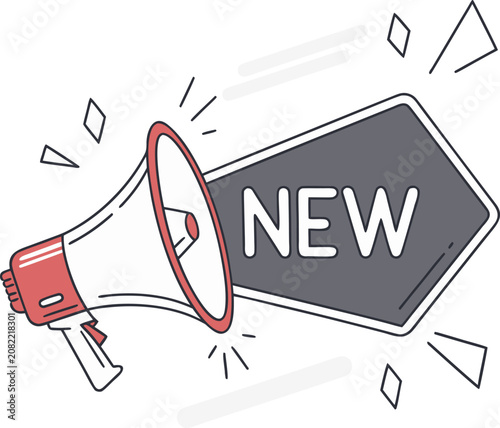 Hand-drawn vector illustrations of retro bullhorns with new banner