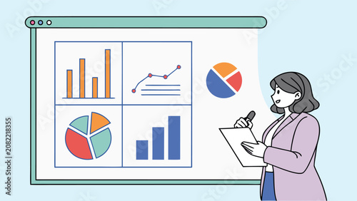 Business professional woman analyzing financial charts on a large digital screen
