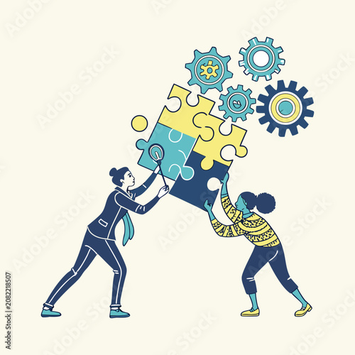 Man and woman assembling large puzzle pieces for teamwork concept with teamwork