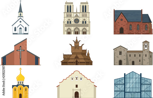 Valokuva Church and cathedral building architecture vector illustration set with various