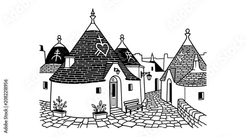 Bild auf Leinwand Alberobello Trulli Houses Sketch - Italian Rural Architecture Drawing