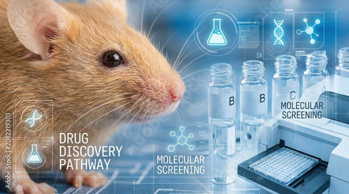 Biomedical laboratory workflow featuring mouse model and molecular screening tools in drug discovery pathway enhancing research and testing efficiency in scientific environment
