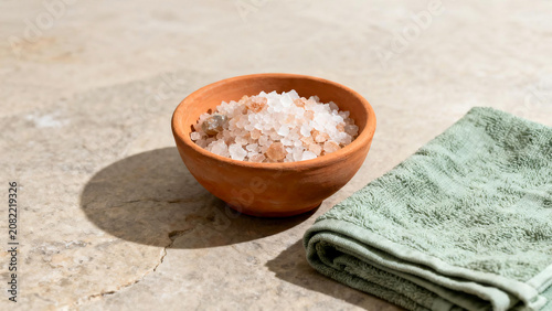 Terracotta bowl of sea salt next to sage green linen towel
