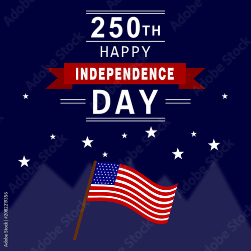 Celebration Banner with American Flag and 250th Anniversary Independence Day Text on Dark Blue Background
