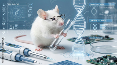 Genetics research mouse DNA analysis laboratory test tube glasses genome mapping sample integrity petri dish circuit board pipette science experiment biotechnology white animal technology close up