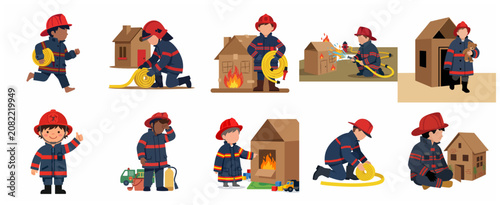 Obraz na płótnie Cute Kids Dressed as Firefighters in Heroic Rescue Missions, Vector Illustration