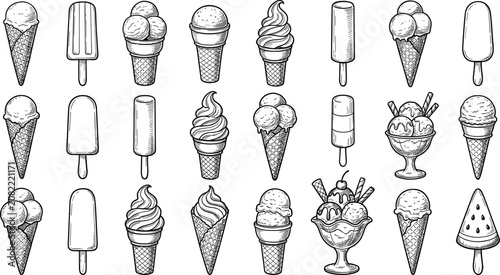 Bild auf Leinwand Hand drawn vector set of various ice cream varieties including waffle cones, pop