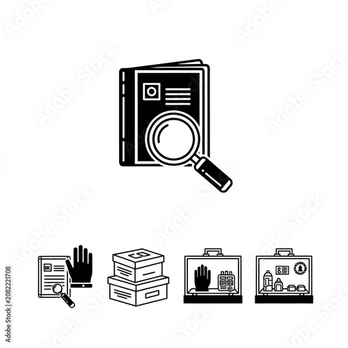Investigation and Research Icons: Magnifying Glass, Hand, Document, and Boxes
