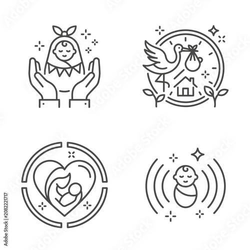 Line Art Icons: Mother and Child Love, Hands Holding Egg, Abstract Shapes - Set of Icons