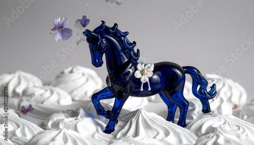 Blue Porcelain Horse Statue with Gold Floral Patterns Running in Enchanted Forest
