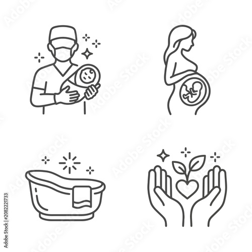 Line art icons of parent holding baby and bathtub