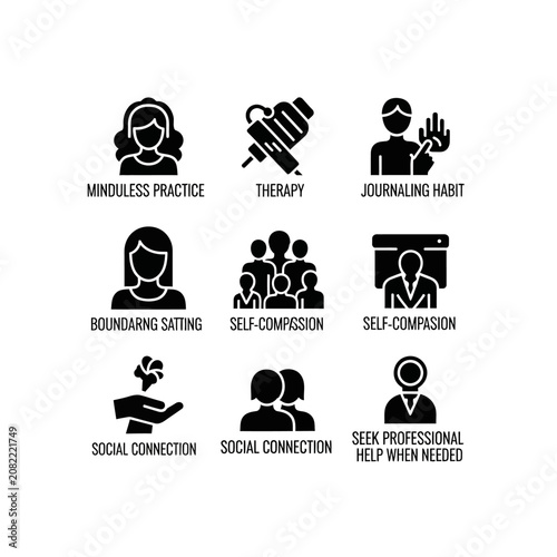 Mental Wellness Icons: Therapy, Self-Compassion, Social Connection, Boundaries, and Mindfulness