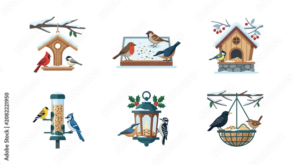 Obraz premium Pixel Art Birds Feeding on Winter Bird Feeders Set
