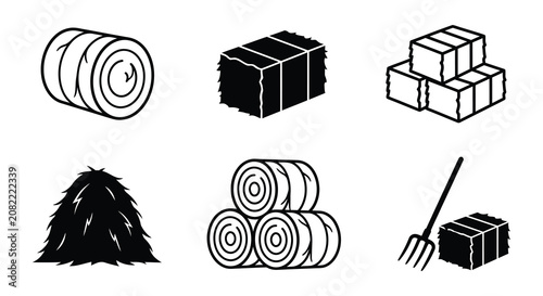 Tableau sur toile Hay Bales And Rolls Black Vector Silhouettes On White Background