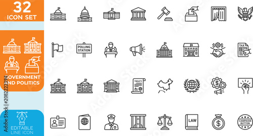 Government and Politics line editable Vector illustration icon set. Law, Justice, Voting, Diplomacy, Policy, Infrastructure, and Civic Leadership. on transparent background.