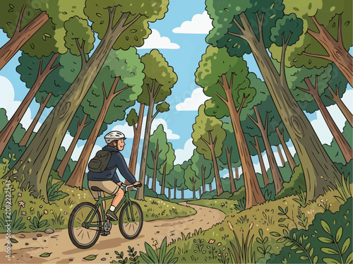Cyclist riding on dirt path through tall trees vector illustration