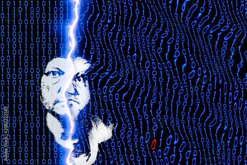 Human face divided by flash on digital display with one faulty red zero in blue binary code. Person head split by lightning in half, right and wrong with defect in broken system due to software error.