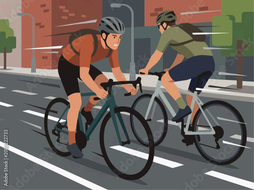 Two cyclists racing fast on city road vector illustration