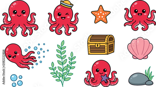 Cute cartoon octopus character vector illustration set with various sea creature poses swimming winking wearing sailor hat and underwater marine elements