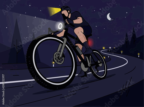 Cyclist riding bicycle on road at night with lights vector