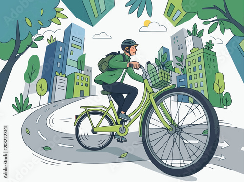 Cyclist riding bicycle through eco green city street vector