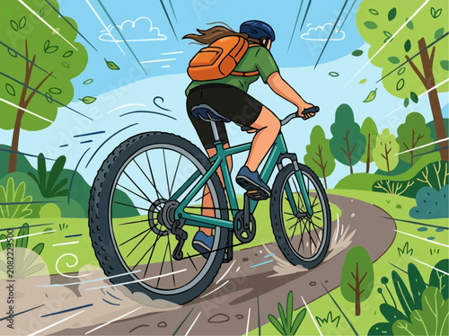 Cyclist riding mountain bike on dirt trail in forest vector