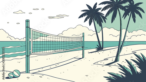 Volleyball net on a tropical beach with palm trees